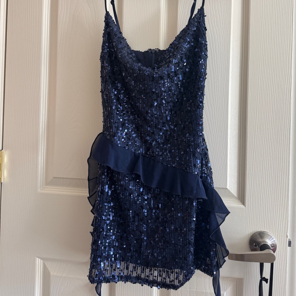 Navy Sequin Dress with Ruffle Detail edikted